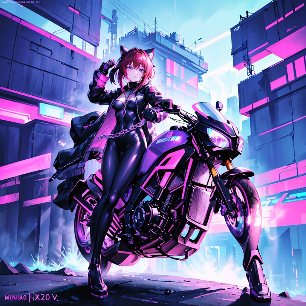 He transports me to a cyberpunk world full of mystery and futurism. I imagine this anime girl on her cyberpunk motorcycle, surrounded by neon lights in a night city. His purple and black suit., The shiny chains and her red hair create an intriguing image.. The motorcycle, with its shiny surface and cat-shaped helmet, adds a touch of enigma. He&#39;it&#39;s like her&#39;You&#39;re ready for an exciting nighttime adventure.!! .