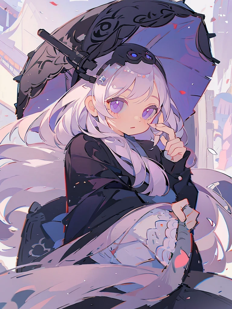 Icon, 1girl, long white hair, purple eyes, holding a black umbrella, illustration, perfect eyes, perfect face, perfect hand, portrait