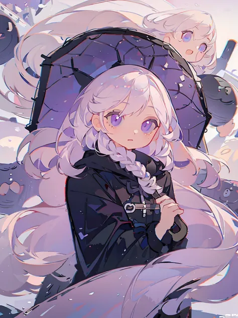 Icon, 1girl, long white hair, purple eyes, holding a black umbrella, illustration, perfect eyes, perfect face, perfect hand, por...