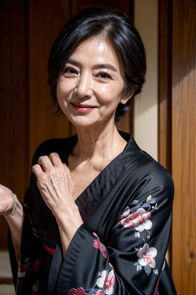 (masterpiece:1.4),(68-year-old woman:1.5),(facial wrinkles 1.2),seductive smile, (up hair : 1.1), (wearing black kimono), Motherhood Mature Woman