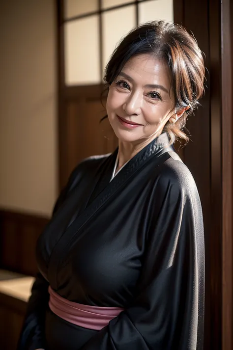 (masterpiece:1.4),(68-year-old woman:1.5),(facial wrinkles 1.2),seductive smile, (up hair : 1.1), (wearing black kimono), Mother...