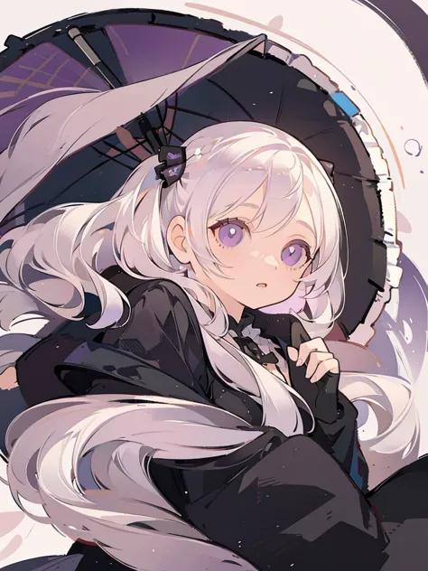 Icon, portrait, 1girl, long white hair two low ponytails, purple eyes, holding a black umbrella, illustration, perfect eyes, per...