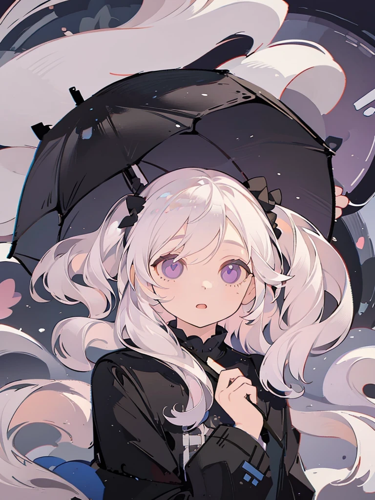 Icon, portrait, 1girl, long white hair two low ponytails, purple eyes, holding a black umbrella, illustration, perfect eyes, perfect face, perfect hand, splash simple background 