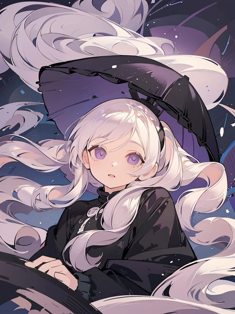 Icon, portrait, 1girl, long white hair two low ponytails, purple eyes, holding a black umbrella, illustration, perfect eyes, perfect face, perfect hand, splash simple background 