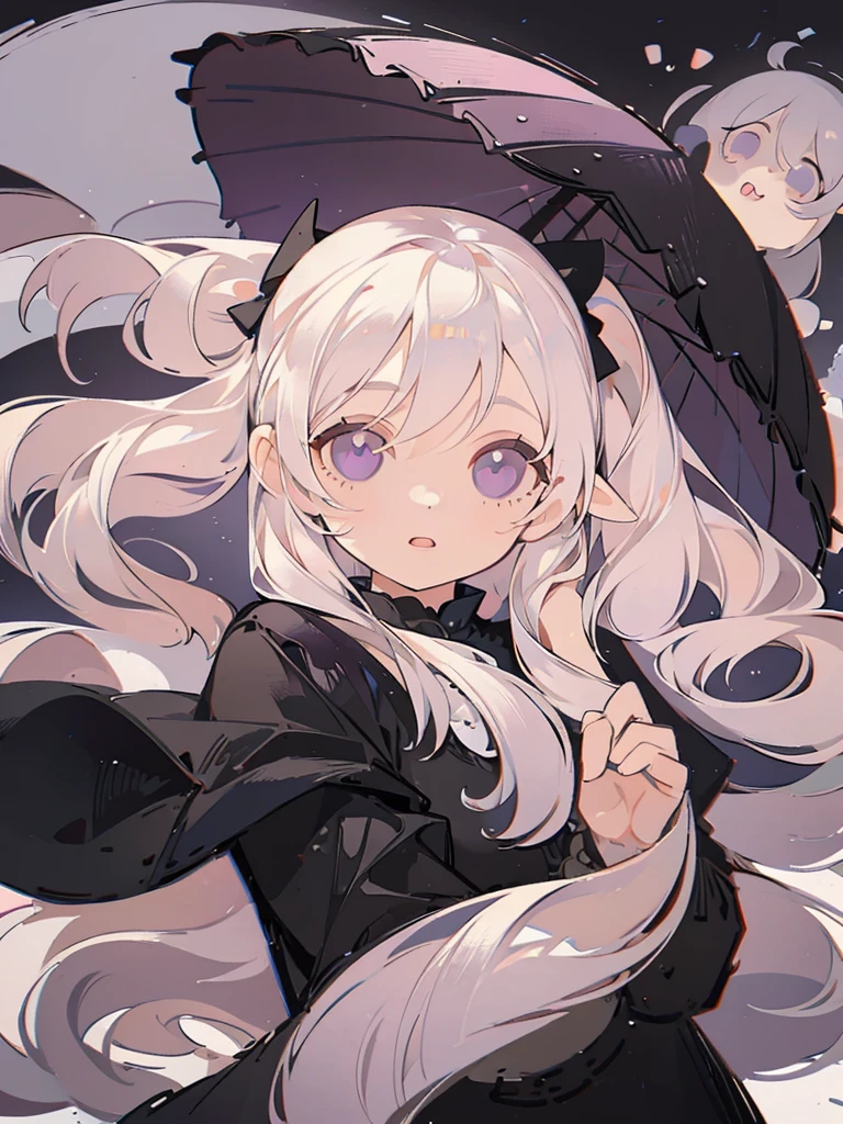 Icon, portrait, 1girl, long white hair two low ponytails, purple eyes, holding a black umbrella, illustration, perfect eyes, perfect face, perfect hand, splash simple background 