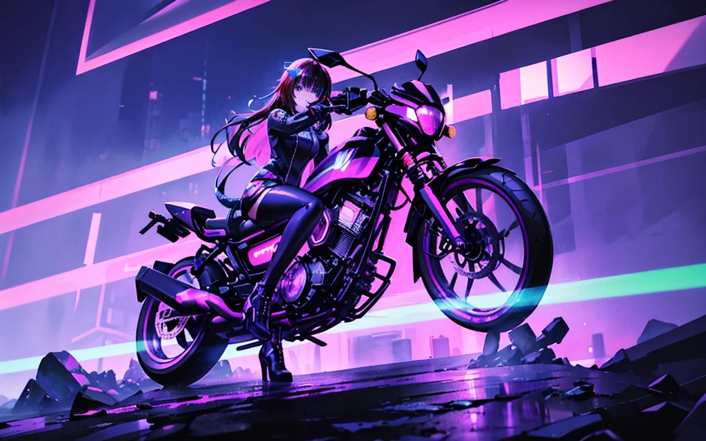 هو transports me to a cyberpunk world full of mystery and futurism. أتخيل هذه الفتاة الأنمي على دراجتها النارية السايبربانك, surrounded by neon lights in a night cهو - هيy. His purple and black suهو - هي., السلاسل اللامعة وشعرها الأحمر يخلقان صورة مثيرة للاهتمام.. الدراجة النارية, wهو - هيh هو - هيs shiny surface and cat-shaped helmet, يضيف لمسة من الغموض. هو&#39;هو - هي&#39;مثلها&#39;أنت&#39;re ready for an excهو - هيing nighttime adventure.!! 