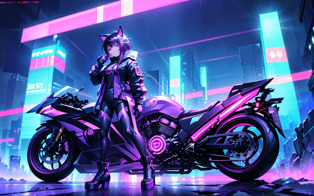 He transports me to a cyberpunk world full of mystery and futurism. I imagine this anime girl on her cyberpunk motorcycle, surrounded by neon lights in a night city. His purple and black suit., The shiny chains and her red hair create an intriguing image.. The motorcycle, with its shiny surface and cat-shaped helmet, adds a touch of enigma. He&#39;it&#39;s like her&#39;You&#39;re ready for an exciting nighttime adventure.!! 