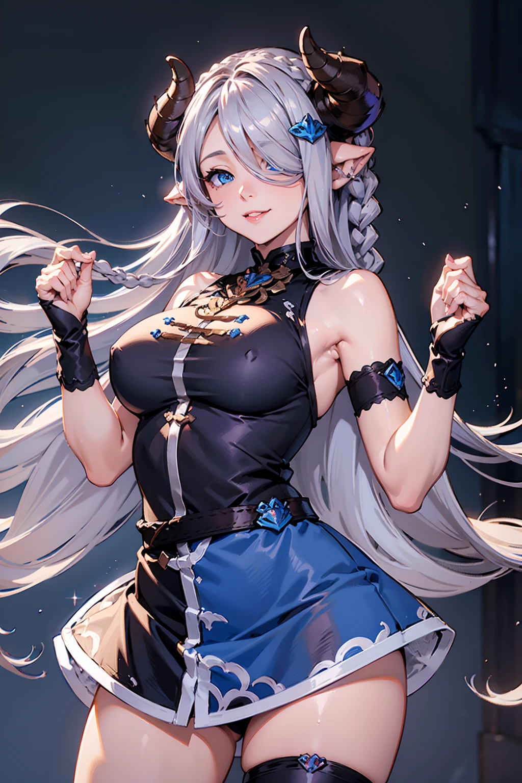 (((1 woman))), ((detailed blue eyes)), ((long silver hair)), large breasts, perfectly drawn body, narmaya, seductive smile, miniskirt, best quality, masterpiece, ultra-detailed