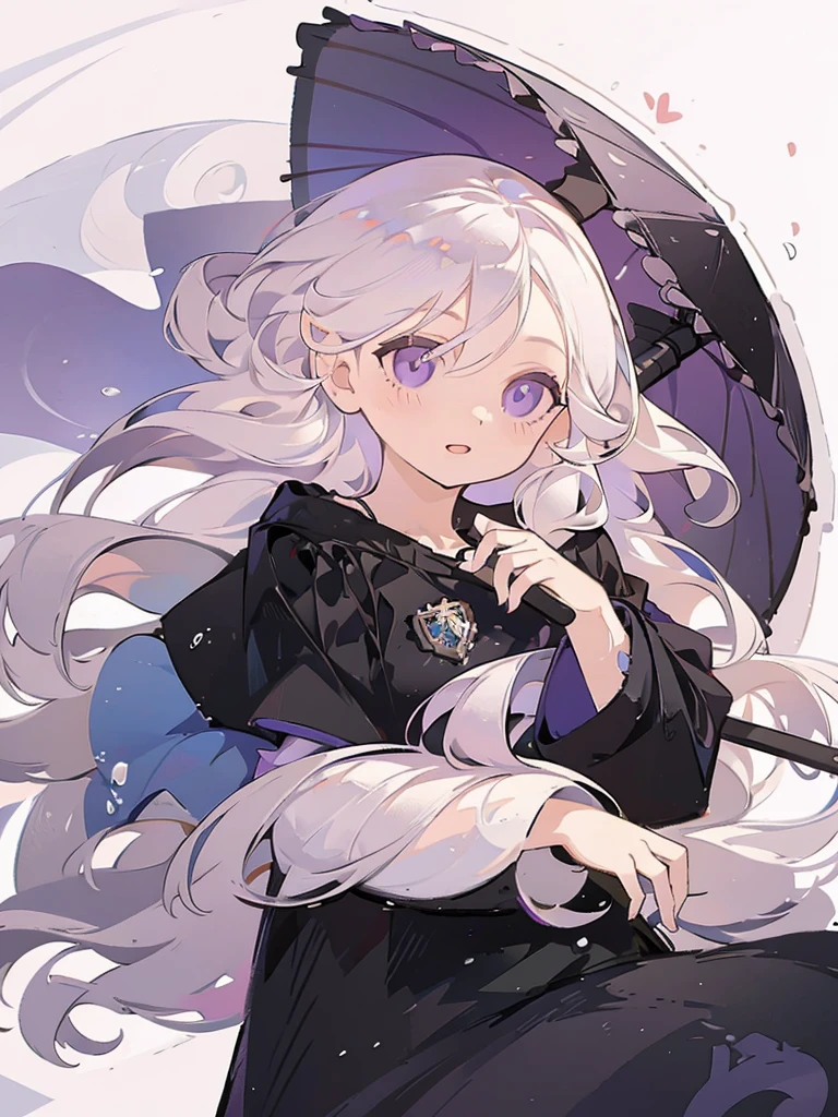 portrait, 1girl, long white hair, purple eyes, holding a black umbrella, illustration, perfect eyes, perfect face, perfect hand, splash simple background, off shoulder dress