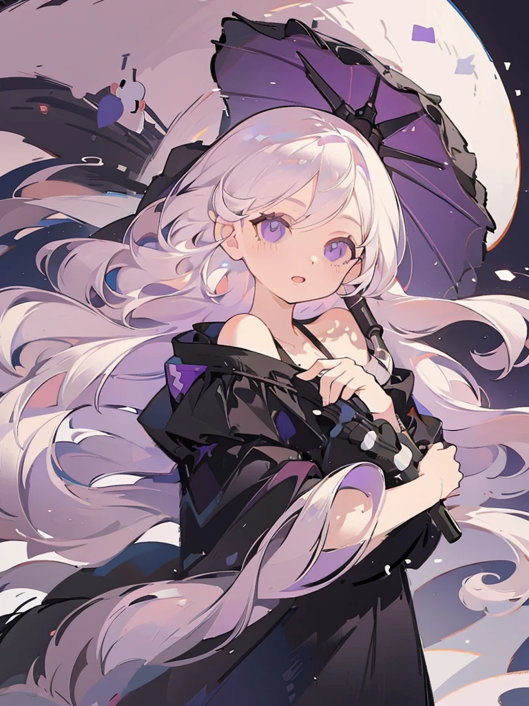 portrait, 1girl, long white hair, purple eyes, holding a black umbrella, illustration, perfect eyes, perfect face, perfect hand, splash simple background, off shoulder dress