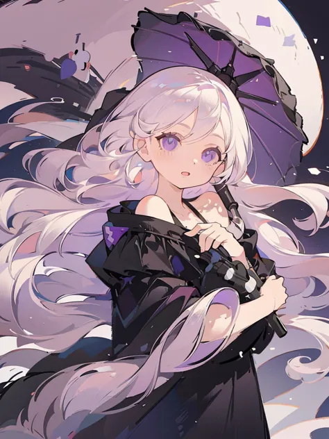 portrait, 1girl, long white hair, purple eyes, holding a black umbrella, illustration, perfect eyes, perfect face, perfect hand,...