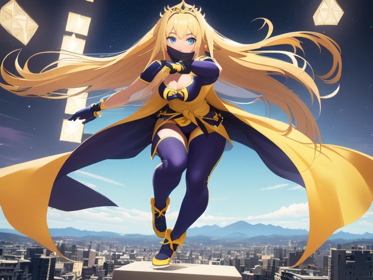 animé girl in a yellow cape and black outfit standing on a ledge, Style Artgerme, cushart krenz art clé féminin, Krenz Cushart et Artgerme, in the Style Artgerme, héroïne androïde, style d&#39;artgermee, extremely détaillé artgerme, artgerme style, modèle ig | artgerme, ((Meilleure qualité)), ((chef-d&#39;œuvre)), (détaillé), 1 fille, tout le corps, 1, peau blanche, visage souriant, yeux bleus, Diadème en forme d&#39;étoile, Bras tendus, Bras derrière la taille, visage masqué, masque pour les yeux, masque de super-héros, masque bleu, rougir, cheveux blond, Cheveux raides, cheveux longs, frange, 2 clips étoiles sur les côtés des cheveux, tout le corps, seins moyens, Corps mince, Des mains avec des étoiles jaunes dessus, bracelets, Gants longs jaunes, gants violets, costume de super-héros, Super-héros, tout le corps entirely yellow suit, Avec une grande étoile jaune au centre, emblème étoile, un peu serré, Longue cape jaune à la taille, ceinture rouge, Cuisses avec collants violets, bottes violettes, en volant, Contexte de la ville, animé, note qui dit Lady Estrella