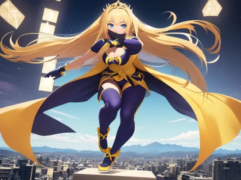 anime girl in a yellow cape and black outfit standing on a ledge, style artgerm, cushart krenz key art feminine, krenz cushart a...