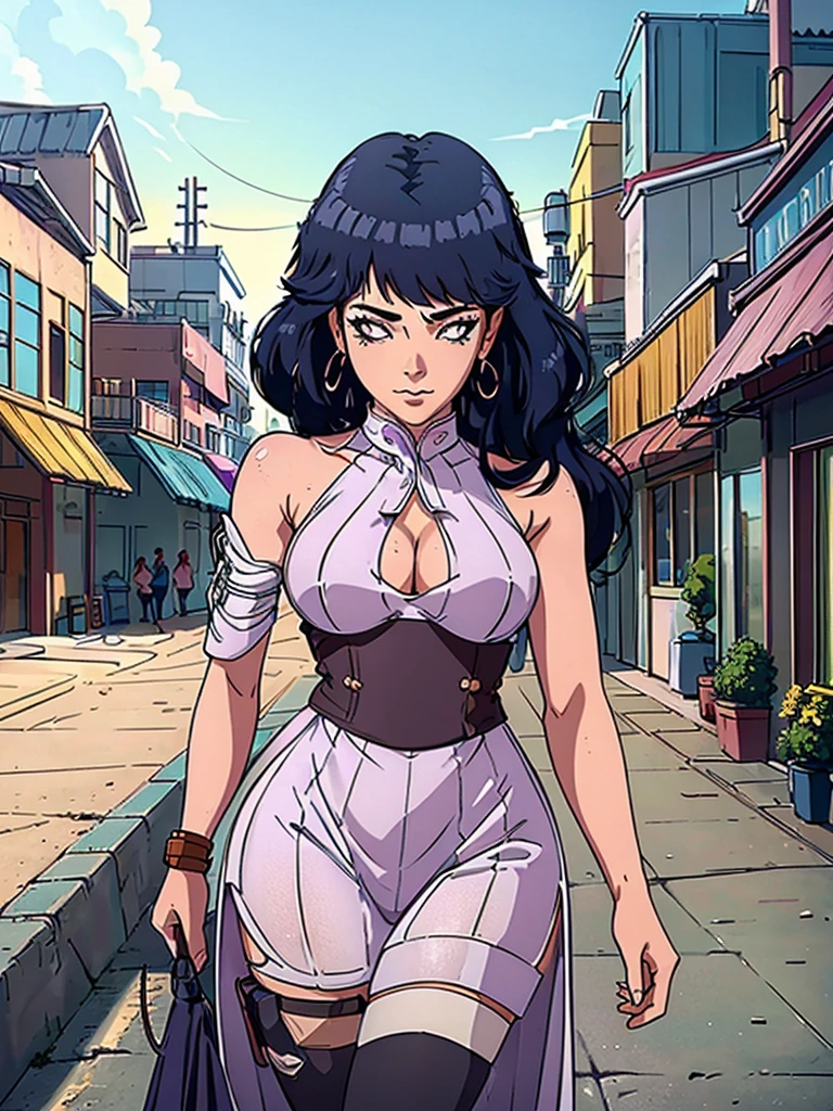 Best quality, 4k, high resolution, body stuck dress, perfect smile, gorgeous, light skin, ahegao face(hentai face) ,dark blue hair, wearing bodystuck long dress,(long sheeves), clothes are stuck in body, bodyfit outfit,1 girl, solo, seductive look, elegance and charm, (masterpiece, best quality, high resolution), looking at the viewer, standing, (intricate and beautiful:1.2), (detailed light:1.2), (soft light, side light), (high resolution textures) , holding leash in hand(chain leash), outdoor, Burmese girl,wearing bodcorn dress(white colour) with pink line ,wearing gorgeous jewelary, wearing harness over the outfit ,outdoor background, sun light, attractive, sexy, mature and hot, young,(masterpiece:1.3), (disorganized:1.3), (highest quality:1.3), perfect anatomy, detailed face, front view, perfect right hands, looking at viewer, (Super detailed:1.3), (best shadow:0.7), (treated hair), fine eyes, beautiful eyes, young aged woman, alone, standing, crystal earrings,closed_mouth, , outdoors,Thick thighs, arrogant face, small 