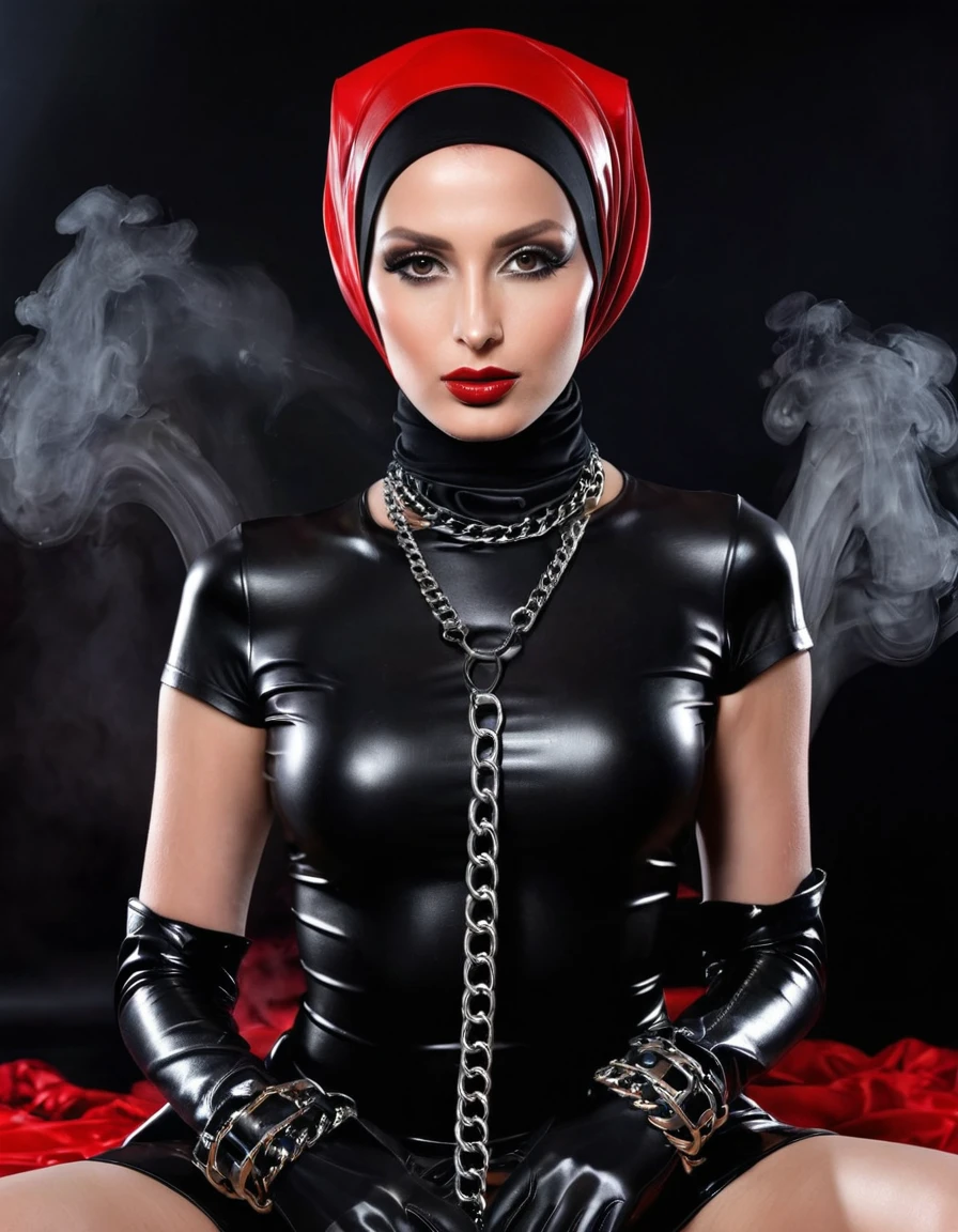 Very thin. Naked sexy model. in bdsm style. Latex hijab. Shiny steel bracelets on top of black gloves. and Shiny steel bracelet necklaces are on her wrists. She wears a leather harness over her head and face. Leather garters on his feet.. Red, thick smoke in the background.