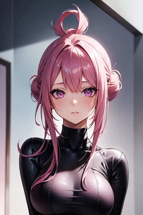 slim anime girl, with pink hair in a bun and bangs covering her forehead, highly detailed eyes shining like silver, with mascara...