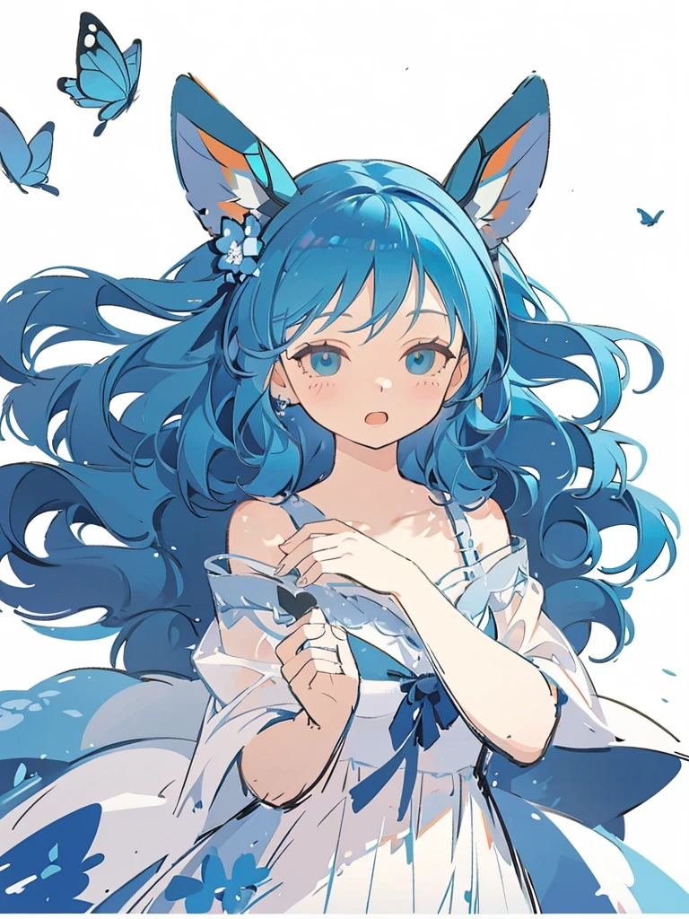 bust-up, 1girl, tosca blue hair, butterfly hair ornaments, blue flower, deer ears, white deer antlers, elegant white dress, teasing expression, splash background, solo, sketch, portrait, simple background