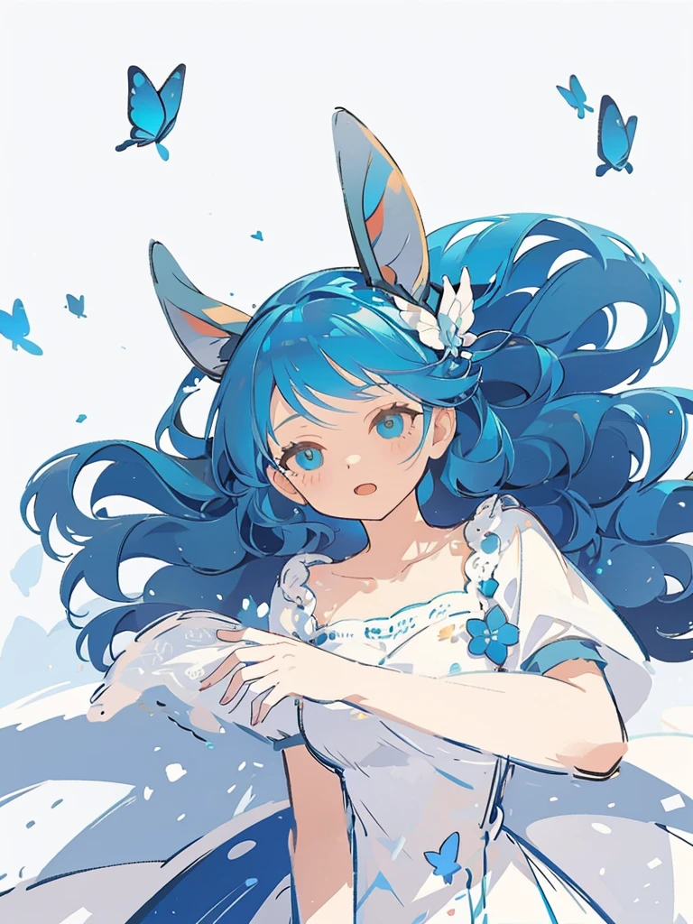 bust-up, 1girl, tosca blue hair, butterfly hair ornaments, blue flower, deer ears, white deer antlers, elegant white dress, teasing expression, splash background, solo, sketch, portrait, simple background