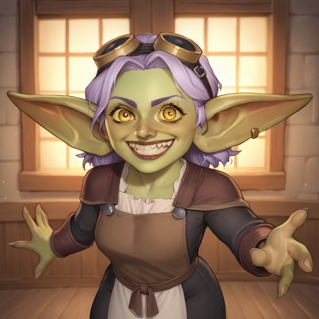 (((beautiful, high quality, perfect eyes, comics style, semi-realistic, detailed face))), upper body, score_9, score_8_up, score_7_up, | ((Goblin, short stature, shortstack)), 1Girl, medieval blacksmith, craftsman, wearing medieval costumes, leather apron, (((yellow eyes))), ((goggles on forehead)), crazy eyes, crazy smile, ((lavender hair)), short messy hair, action pose, | blacksmith workshop, fantasy background, blurred background, digital painting, volumetric lighting, easynegative, JIM EIDOMODE,