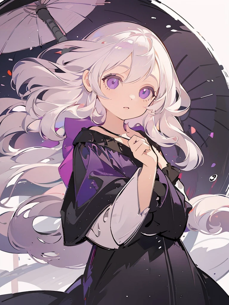 portrait, 1girl, long white hair, purple eyes, holding a black umbrella, illustration, perfect eyes, perfect face, perfect hand, splash simple background, off shoulder dress