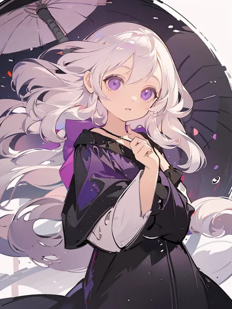 portrait, 1girl, long white hair, purple eyes, holding a black umbrella, illustration, perfect eyes, perfect face, perfect hand,...