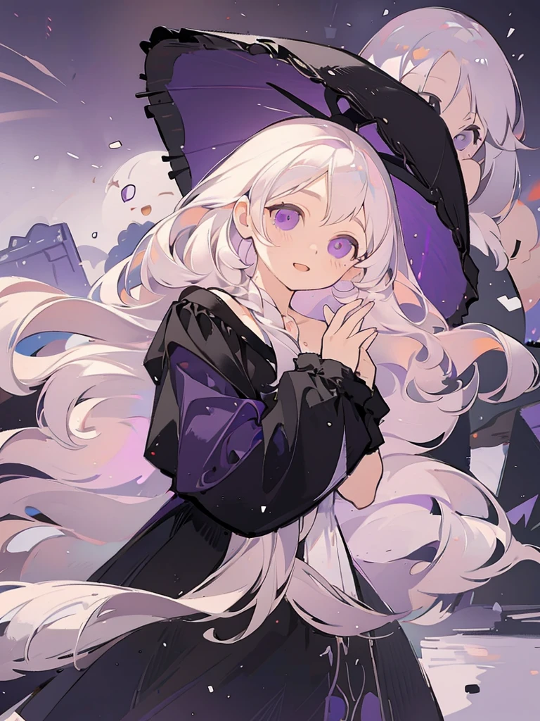 portrait, 1girl, long white hair, purple eyes, holding a black umbrella, illustration, perfect eyes, perfect face, perfect hand, splash simple background, off shoulder dress