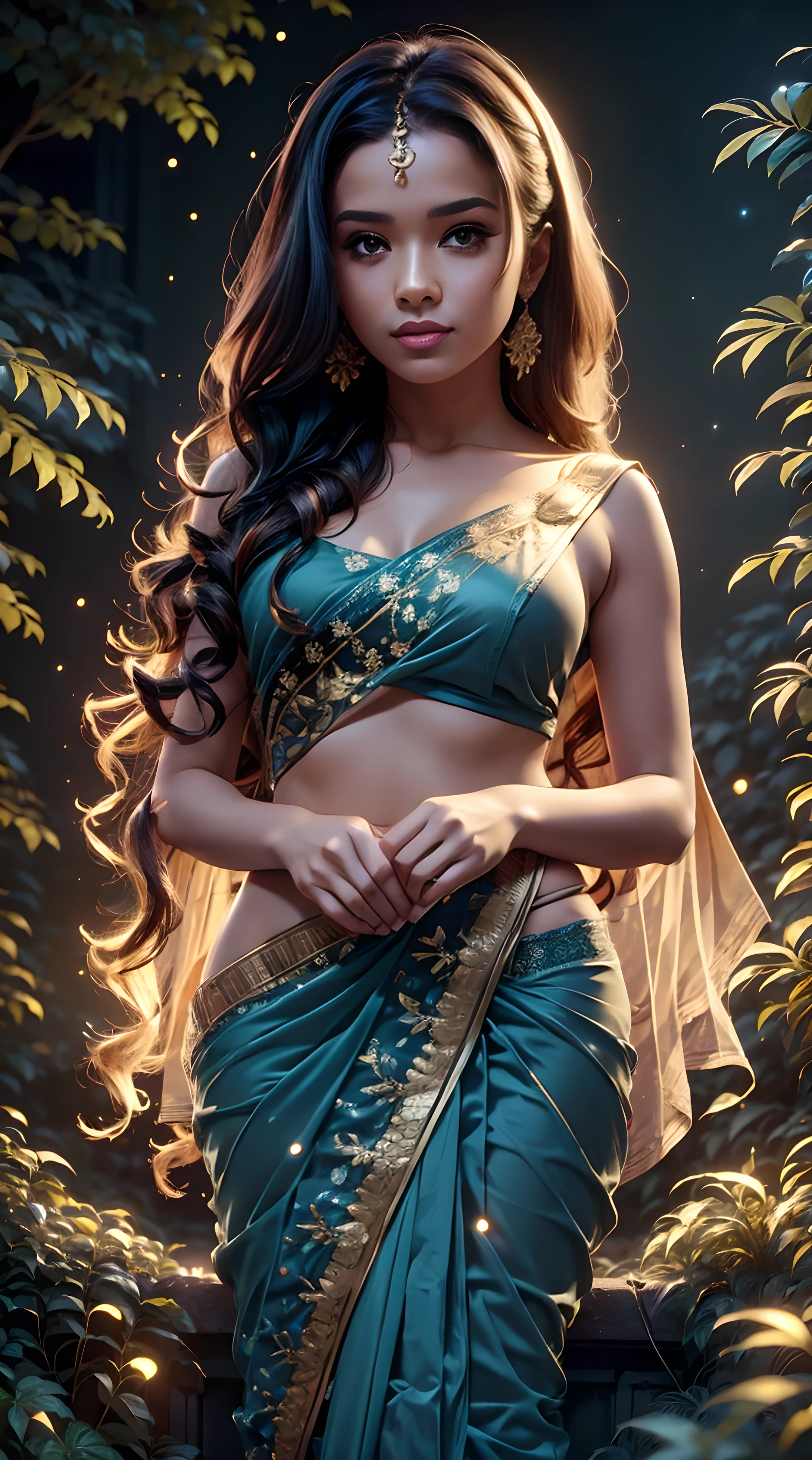 Mulher indiana nova, saree de topless, jardim, noite, Corpo detalhado, rosto detalhado, ultra realistic, encantador, bonitinho, grandes olhos castanhos com cabelos longos e cacheados, dedos perfeitos, iluminação ambiente, inverno, fundo detalhado, 8K