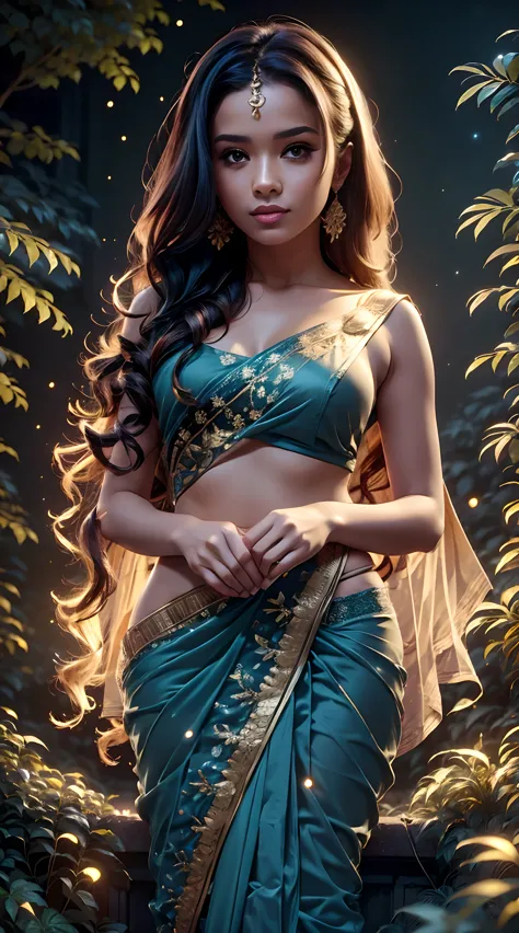 Young Indian woman, topless saree, garden, night, detailed body, detailed face, ultra realistic, charming, cute, big hazel eyes ...