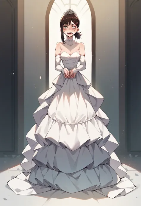 kobeni higashiyama from chainsaw man standing at the altar dressed as a bride wearing a very beautiful wedding dress while looki...