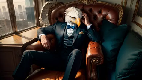 anthropomorphic eagle wearing a suit，sitting in a chair like a company president, youtube video screenshot, the bird is wearing ...