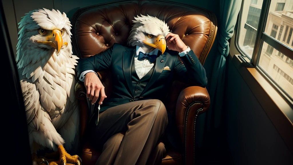 Anthropomorphic eagle wearing a suit，Sitting in a chair like a company president, YouTube video screenshot, The bird is wearing a bow tie, Real-life stills, Live action scenes, Threatening gaze, gentleman, Very emotional, Music video screenshot,