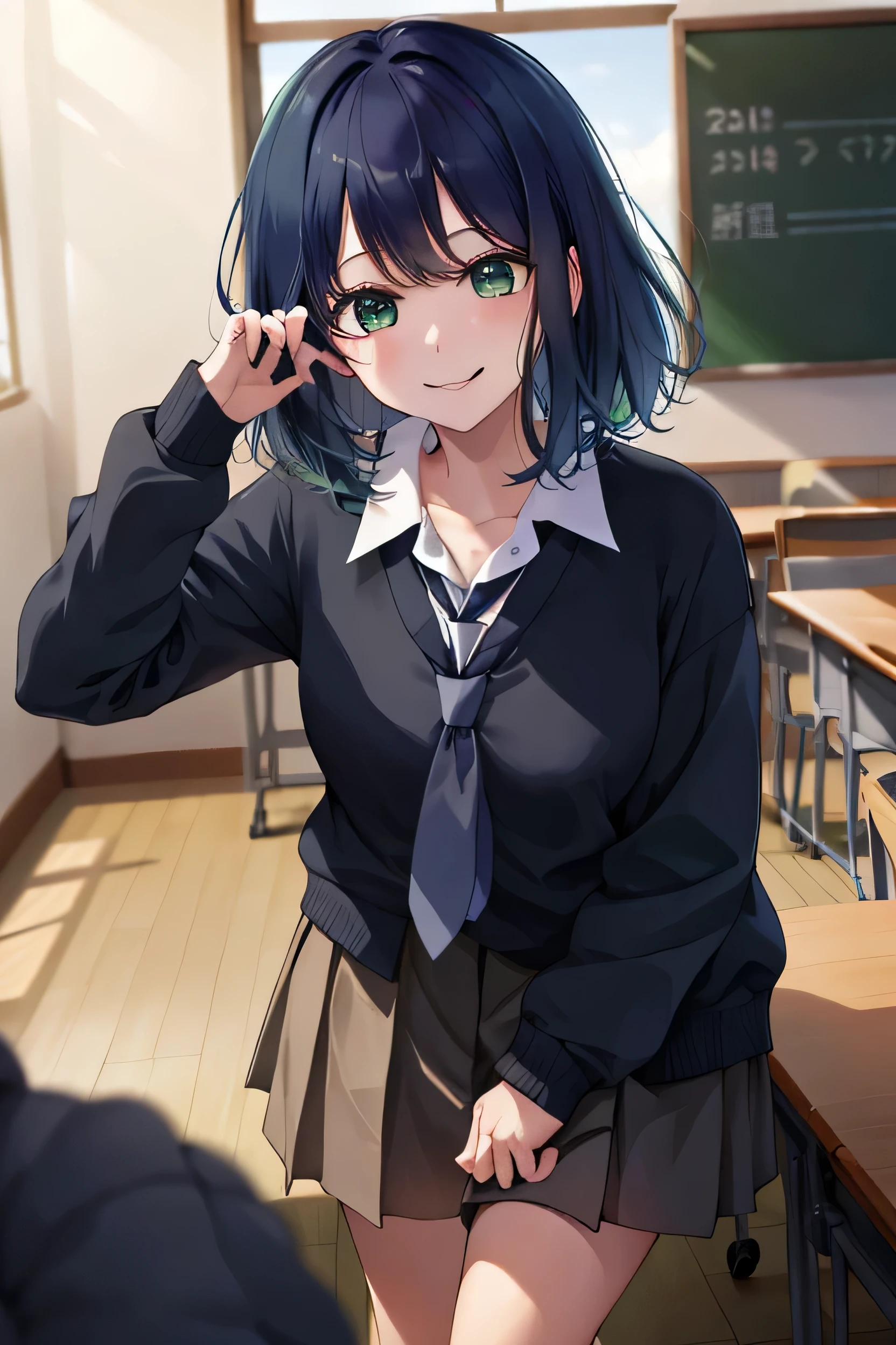 Score_9、Score_8_Up、Score_7_Up、Source Anime、Akane Kurokawa, Akane Kurokawa、bangs、Green Eyes、Blue Hair、Medium Hair、Navy Blue Hair、shirt、、White shirt、tie、Collared shirt、Best、Blue tie、skirt、Blue Skirt、indoor、classroom、blackboard、bend、smile,Looking at the viewer、Cowboy Shots、Dutch Angle、独奏、