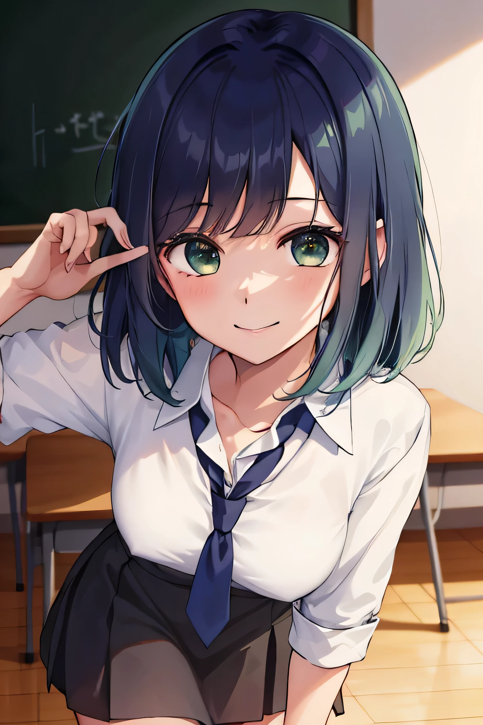 Score_9、Score_8_Up、Score_7_Up、Source Anime、Akane Kurokawa, Akane Kurokawa、bangs、Green Eyes、Blue Hair、Medium Hair、Navy Blue Hair、shirt、、White shirt、tie、Collared shirt、Best、Blue tie、skirt、Blue Skirt、indoor、classroom、blackboard、bend、smile,Looking at the viewer、Cowboy Shots、Dutch Angle、独奏、Open clothes、Leaning forward, 