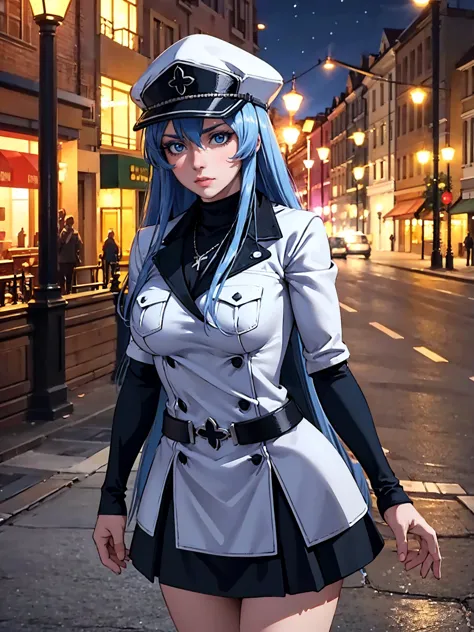 a girl with long blue hair, blue eyes, blue eyelashes, big breasts, white sweatshirt with a hat, walking, upset, on a street in ...