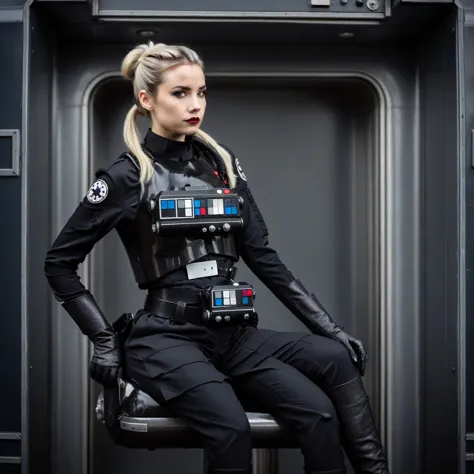 a cinematic film portrait still of a young and attractive female pale instagram model wearing tie pilot uniform, with platinum h...