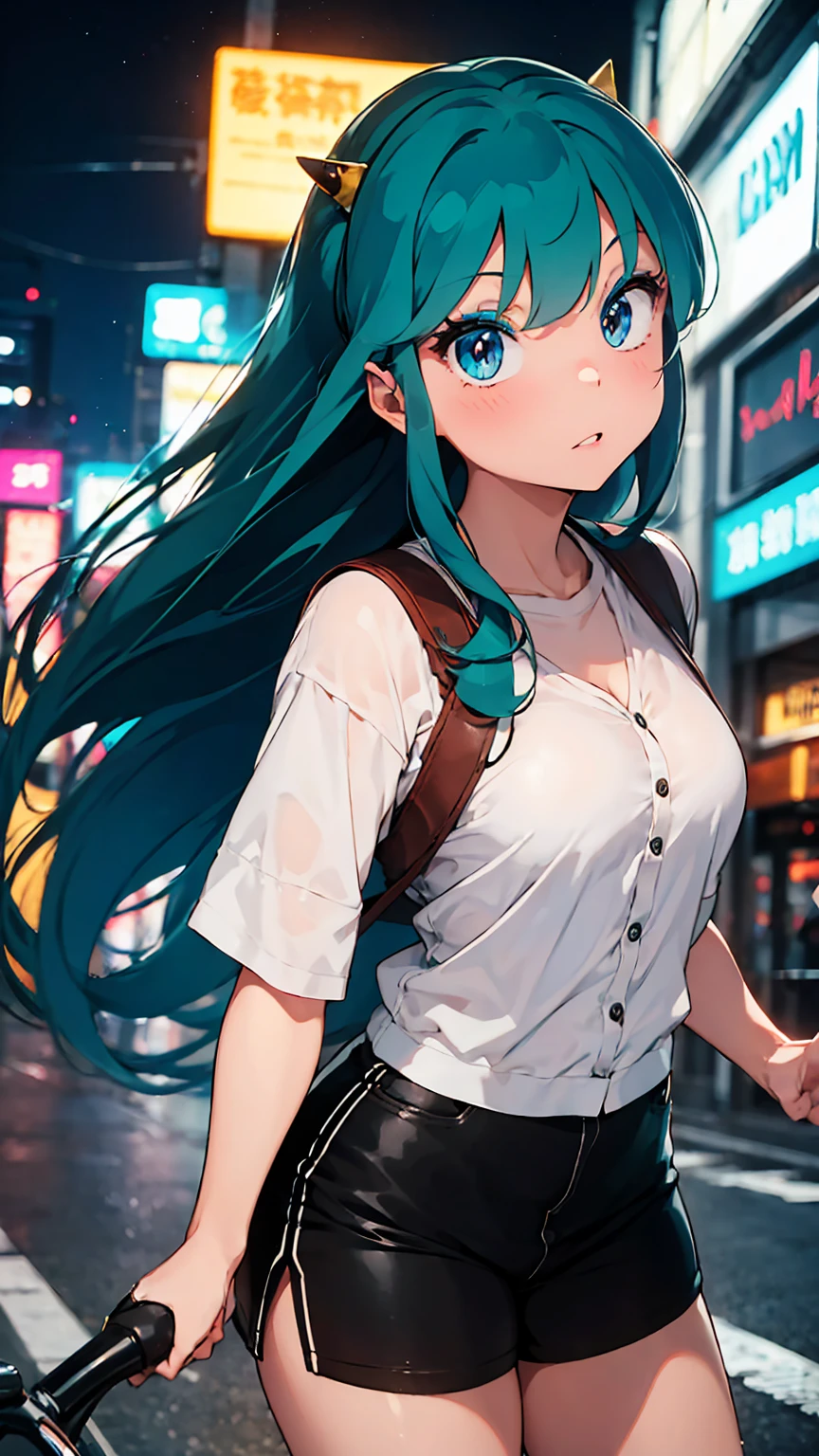 (score_9, score_8_up, score_7_up), 1girl, solo, lum, long hair, bangs, blue hair, blue eyes, aqua hair, horns, eyeshadow, large breasts, looking at viewer, blush, a person riding a motorcycle, no helmet, leather jacket, hair blowing in the wind, on an overpass, neon city lights, left hand on the handlebar, right hand holding a lollipop, (best quality,4k,8k,highres,masterpiece:1.2),ultra-detailed,detailed face and eyes, highly detailed, cinematic lighting, vibrant colors, dramatic atmosphere, motion blur, depth of field, облизывает леденец, удовольствие на лице, блаженство, ехидная ухмылка,