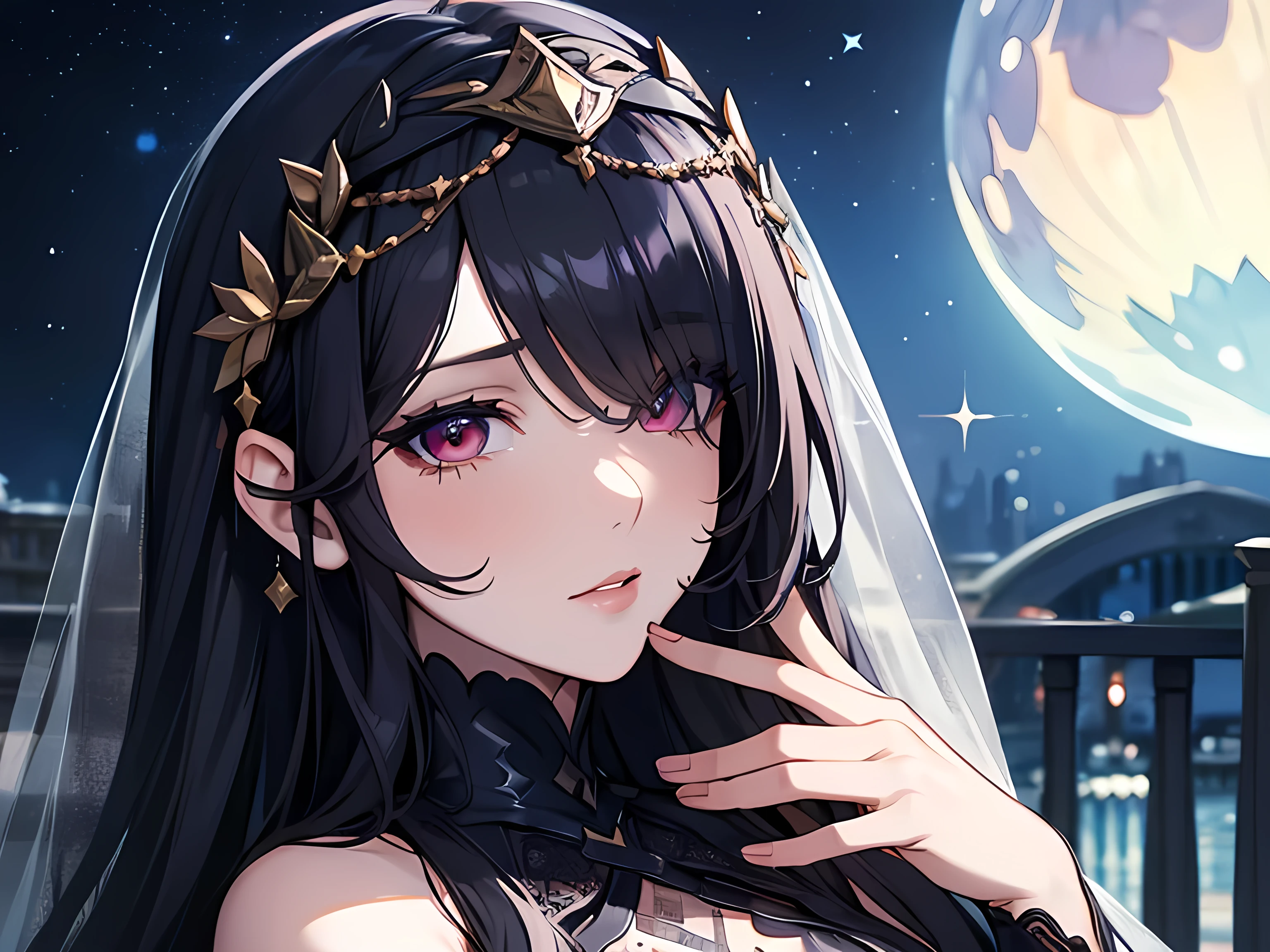 (Super detailed:1.3), ((((best quality)))), ((masterpiece)), female focus, solo,hotify, stunning beauty, powerful glow, detailed face, detailed eyes, detailed lips,castle balcony background,(starry night sky), blue moon,((black hair)),long hair, black mourning dress,((mourning veil)),red eyes, (pale skin:1.2),melancholic expression,straight bangs,bangs covering forehead,almond-shaped eyes,very cute face,close-up shot,(sheer dress), hair over one eye,medium breasts,depth of field