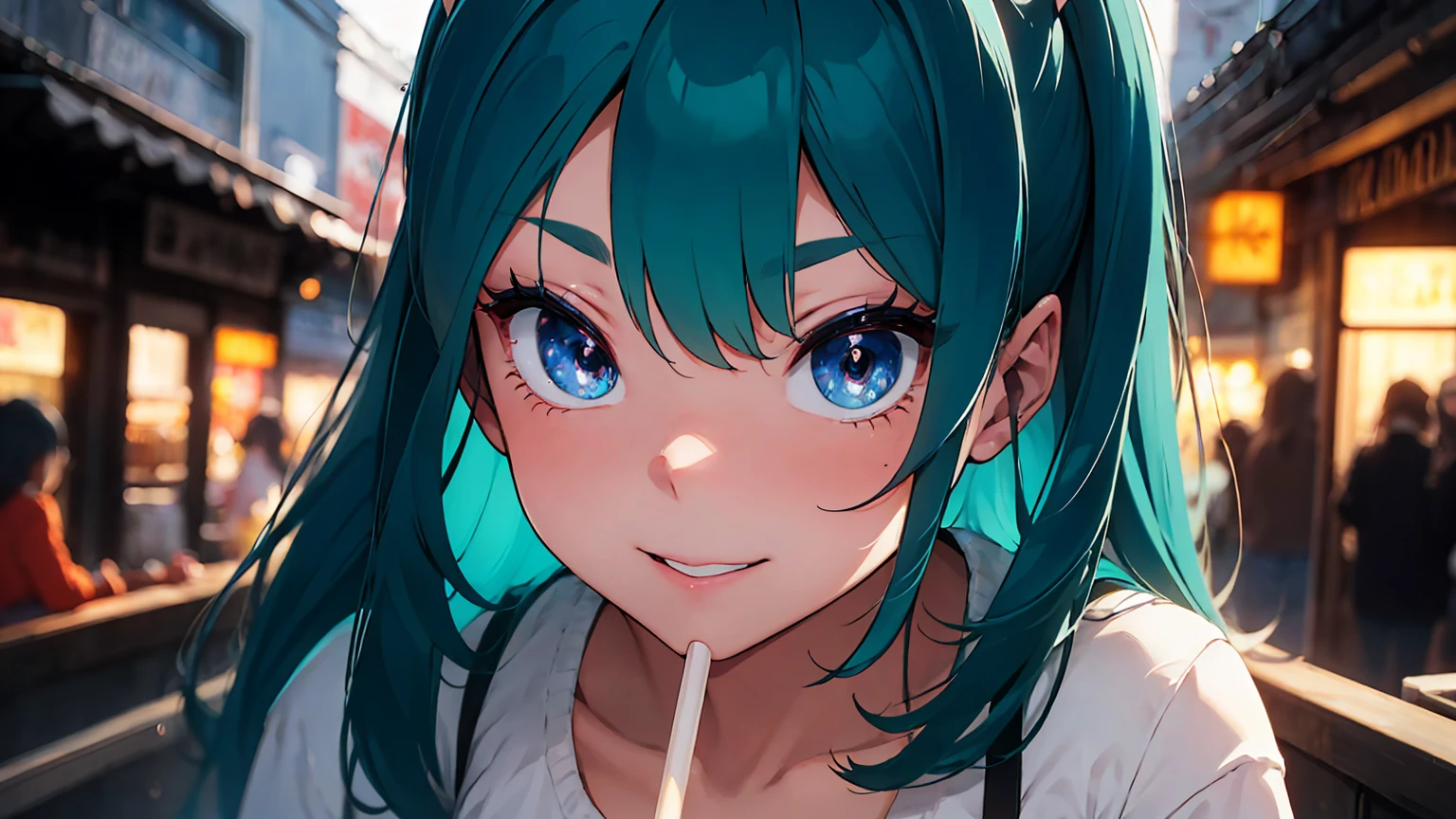 (score_9, score_8_up, score_7_up), 1girl, solo, lum, long hair, bangs, blue hair, blue eyes, aqua hair, horns, eyeshadow, large breasts, looking at viewer, blush, a person riding a motorcycle, no helmet, leather jacket, hair blowing in the wind, on an overpass, neon city lights, left hand on the handlebar, right hand holding a lollipop, (best quality,4k,8k,highres,masterpiece:1.2),ultra-detailed,detailed face and eyes, highly detailed, cinematic lighting, vibrant colors, dramatic atmosphere, motion blur, depth of field, a girl licking a lollipop, pleasure on her face, bliss, mischievous smirk, intricate detailed facial features, high quality, 8k, photorealistic, beautiful detailed eyes, beautiful detailed lips, extremely detailed face, long eyelashes, vibrant colors, warm lighting, cinematic composition, dreamy atmosphere, fantasy, whimsical, magical realism