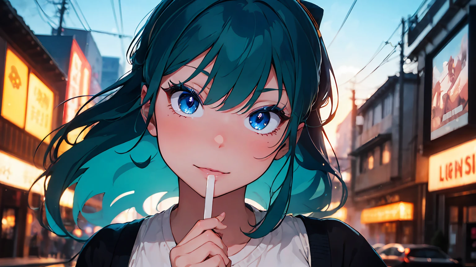 (score_9, score_8_up, score_7_up), 1girl, solo, lum, long hair, bangs, blue hair, blue eyes, aqua hair, horns, eyeshadow, large breasts, looking at viewer, blush, a person riding a motorcycle, no helmet, leather jacket, hair blowing in the wind, on an overpass, neon city lights, left hand on the handlebar, right hand holding a lollipop, (best quality,4k,8k,highres,masterpiece:1.2),ultra-detailed,detailed face and eyes, highly detailed, cinematic lighting, vibrant colors, dramatic atmosphere, motion blur, depth of field, a girl licking a lollipop, pleasure on her face, bliss, mischievous smirk, intricate detailed facial features, high quality, 8k, photorealistic, beautiful detailed eyes, beautiful detailed lips, extremely detailed face, long eyelashes, vibrant colors, warm lighting, cinematic composition, dreamy atmosphere, fantasy, whimsical, magical realism