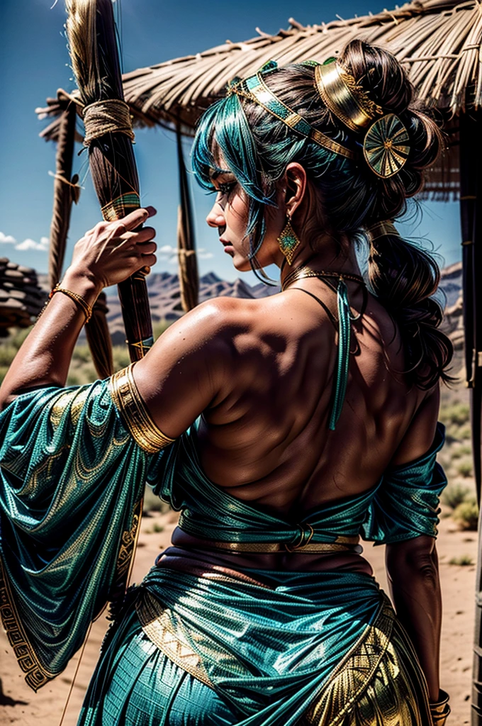 Une archère brandissant un arc. Elle porte une coiffe dorée avec une pierre précieuse bleue et verte. fond de désert. Blush et eye-liner noir. vue de derrière. fesses rondes