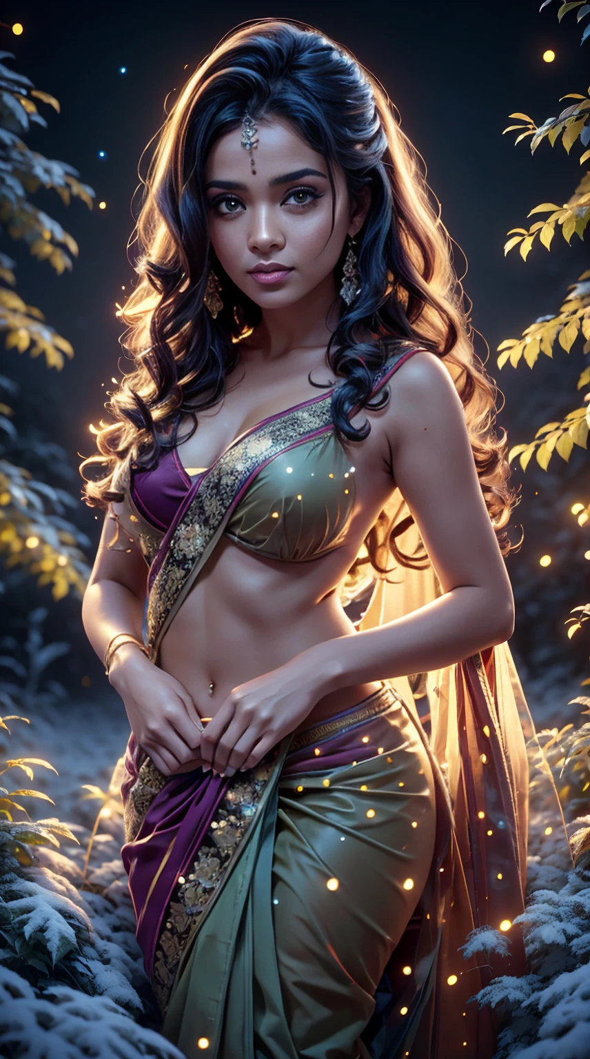 Young Indian woman, topless saree, garden, night, detailed body, detailed face, ultra realistic, charming, cute, big hazel eyes with long curly hair, perfect fingers, ambient lighting, winter, detailed background, 8k