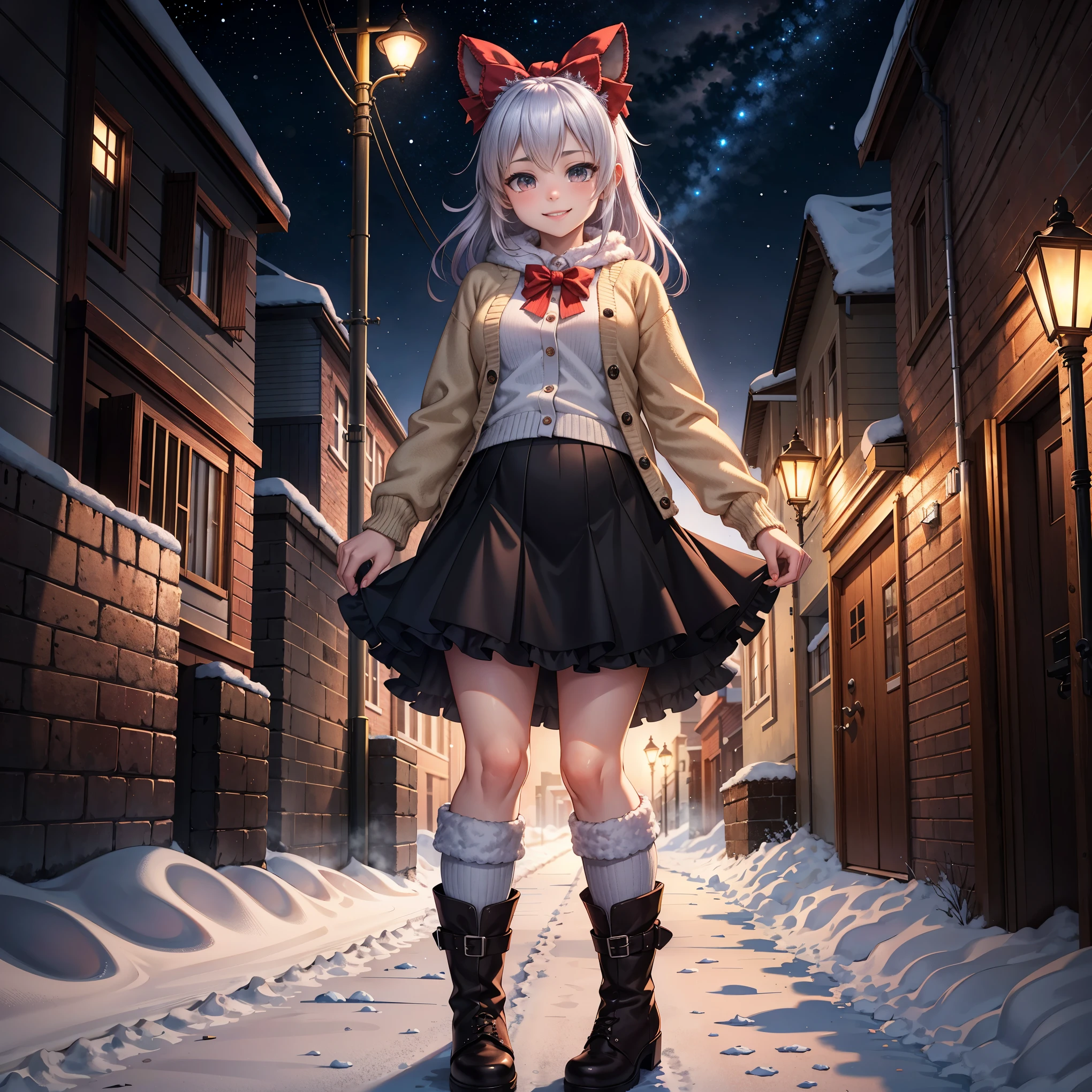 (Meisterwerk:1.2), beste Qualität, highres, Original, (extremely ausführlich:1.2), ultra-ausführlich, Hintergrund, Perfekte Beleuchtung,(extremely ausführlich CG:1.2), 8k, Anime-Illustration, 1 Mädchen, Allein, lächelnd, (Winter-Outfit:1.2), Auf der Straße stehen, (Strickjacke:1.1), (Schleife auf der Strickjacke:1.25), Knielanger Rock, (Gerüschter Saum:1.3), winter boots, {empfindlich|ausführlich}Kleidung, (anatomisch korrekt:1.34), Nahaufnahme, Ganzkörper, Betrachter betrachten, Frontal, verschneite Straße, (Strassenlicht:1.17), Stadthintergrund, Nacht, Einheit 4k