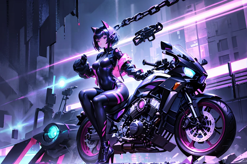 The image shows an illustrated character sitting on a motorcycle... The character has short hair and wears a suit with black-violet colors and yellow neons that surround his prominent bodysuit...... The motorcycle looks big and futuristic.., same color palette with elegant lines and luminous elements. The background suggests an urban environment illuminated with neon lights.., possibly at night. There are various shapes and patterns reminiscent of digital or cybernetic motifs....., contriPeroing to the overall sci-fi look of the image.. I imagine this girl with a futuristic appearance and full of mystery... His body is wrapped in a purple and black jumpsuit..., Shiny chains entwine around his arms and legs.., as if they were metallic tattoos. The three-strand necklace, with its padlock in the shape of digits, It is their symbol of submission and devotion... Her red hair falls in waves over her shoulders....., and his green eyes shine with a mixture of passion and obedience. The black dress fits her curves.., enhancing her voluptuous figure. Each chain that tightens around her skin is a reminder of her role as a beloved slave...... In the dark garage, the girl prepares for her master. The cyberpunk motorcycle awaits you, Its shiny surface reflects the neon lights of the city.. The cat-shaped helmet gives it a mysterious look.., and the tail that extends from the back of the seat seems to have a life of its own. She rides the motorcycle with grace.., speeding into the night. The wind whistles in his ears as he walks through the dark streets.., ready to complete your master&#39;s degree&#39;orders. In this futuristic world, where technology and passion intertwine, she is his slave, your confidant and your lover. The girl with the chains and a cyberpunk motorcycle is an enigma, a mixture of desire and slavery. Their story unfolds under the twinkling lights of the city...., and his figure becomes a legend in the night streets. SIMILAR TO