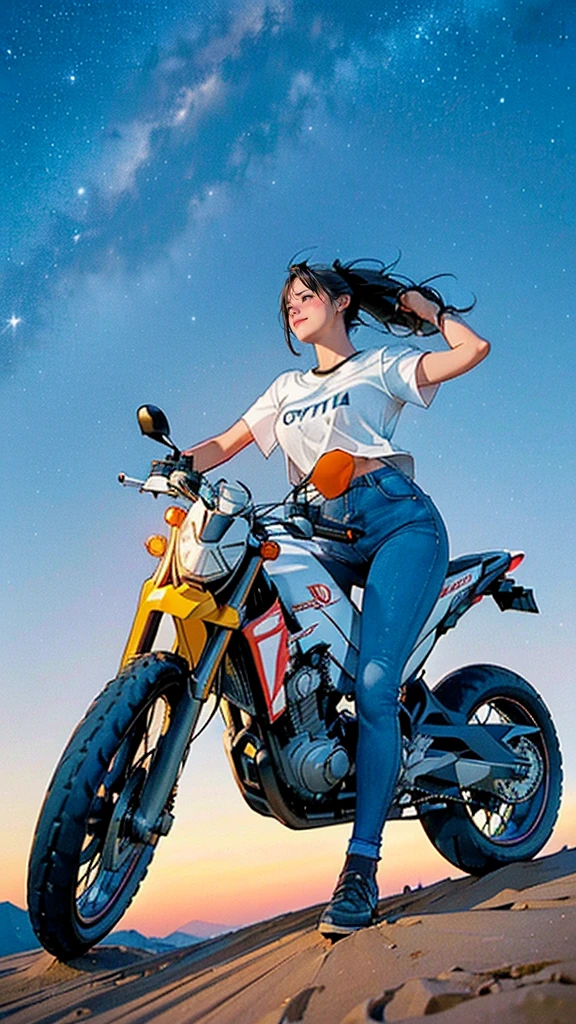 (desde abajo,Centrarse en el cielo nocturno), (((Conduce una gran motocicleta todoterreno., La Honda CRF1100.:1.5))), ((Representación detallada de la bicicleta.:1.3)), (((sonrisa,Labios partidos,Abre tus brazos y expresa tu alegría.))), BREAK (((Tarde en la noche,Los alrededores están completamente oscuros., ancho, ancho, dark, dark sky,estrella々が北極estrellaが美しい:1.5))), BREAK ((Camiseta ajustada HONDA:1.5)), ((Vaqueros pitillo desgastados de tiro muy bajo:1.4)), (Hermosa joven jinete(Zapatos de montar:1.5)), BREAK (pelo liso negro,Golpes), (colas gemelas:1.2), (Una impresionante proporción corporal de 8 cabezas.), (pechos grandes:1.4), ((Magnífico crecimiento de los senos)), (cintura pequeña), ((Hermoso ombligo)), (gran culo), (muslos delgados), (Hermosas extremidades), romper el vasto cielo, Hermoso horizonte, vastos pastizales, Very tense and dramatic Foto, Efectos visuales dinámicos, (Arte De Fantasía), BREAK (1 pantalla), (de la máxima calidad,4k,8K,Alta resolución,obra maestra:1.2),Súper detallado,(Realista,Foto:1.3), (anatomía perfecta), (Relación perfecta entre dedos y pulgar.), (cara simétrica), BREAK ((Estos son los Estados Unidos,Hawai,マウナケアの科学研究機構国立天文台Hawai観測所)), BREAK hoshizora estrellary sky perfecteyes eyes YHmotorbike