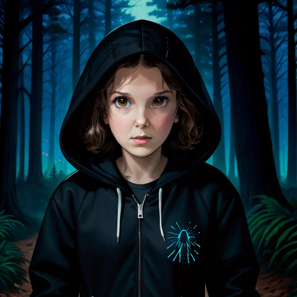 milli3 woman, millie bobby brown, 1 girl wearing black jacket and hood, netflix, stranger things, eleven, in a dark forest, front view.