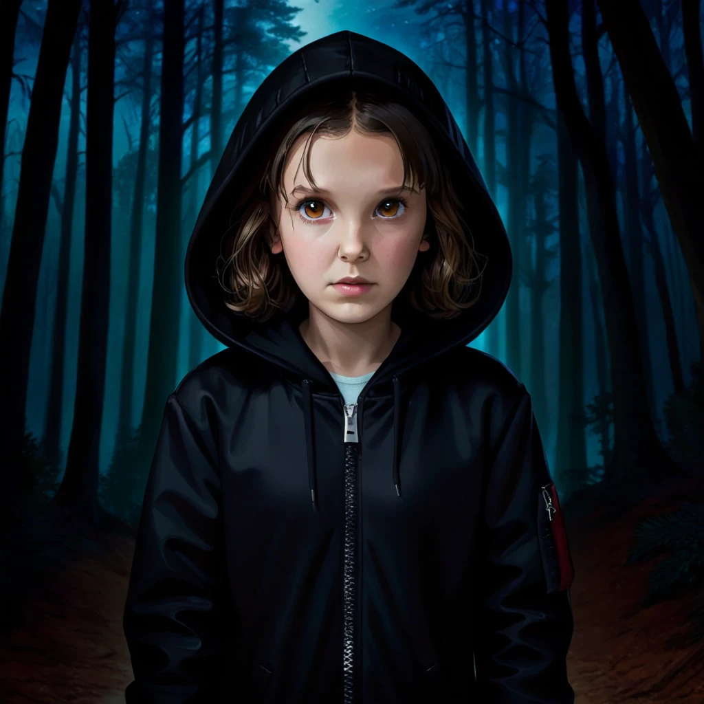 mujer mili3, Millie Bobby Brown, 1 niña con chaqueta y capucha negras., Netflix, cosas extrañas, Once, en un bosque oscuro, vista frontal.