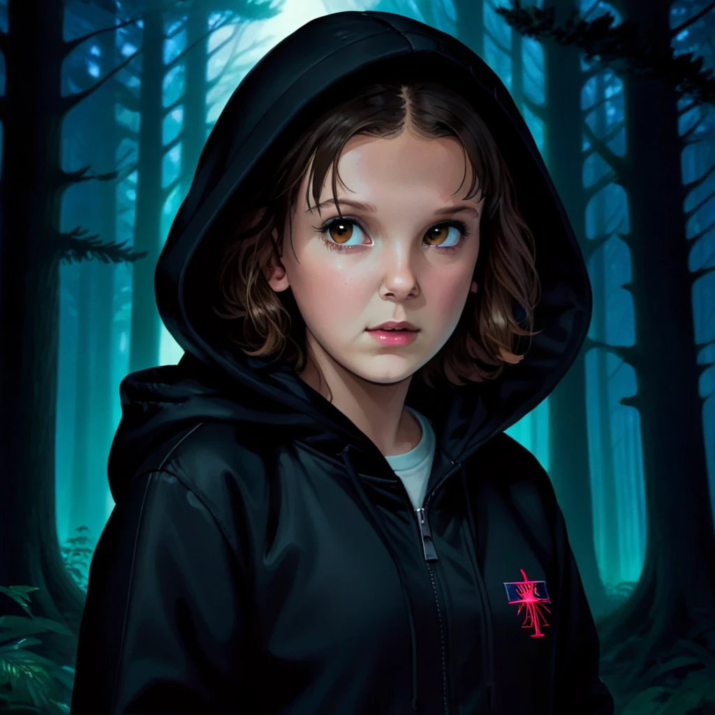 milli3 Frau, Millie Bobby Brown, 1 Mädchen trägt schwarze Jacke und Kapuze, Netflix, Fremde Dinge, elf, in einem dunklen Wald, Vorderansicht.