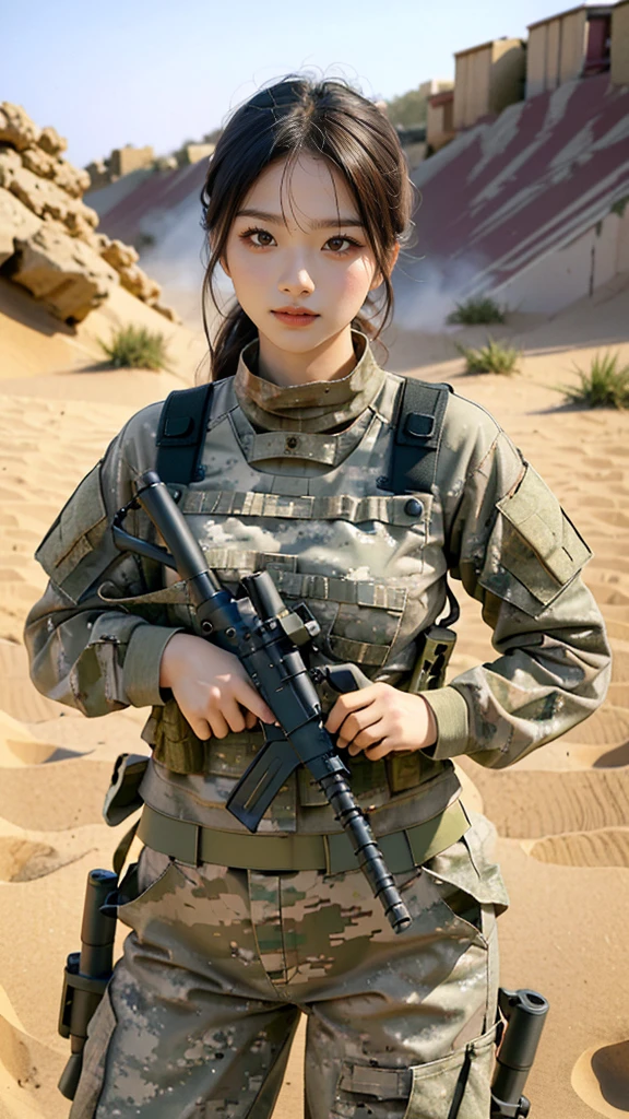 Single player combat action、Single Shooter、(whole body:0.5, View front))Action poses、Highest image quality, Excellent details, Ultra-high resolution, (realism: 1.4), ((whole body:0.5, View front)), （A sexy Korean girl）High concentration in combat operations, Has a beautiful and delicate face, Smile（whole body照））((Shooting with a machine gun)), (Wear camouflage clothing，Love police uniforms, Military wiring harness), With a machine gun, Background ruined battlefield。