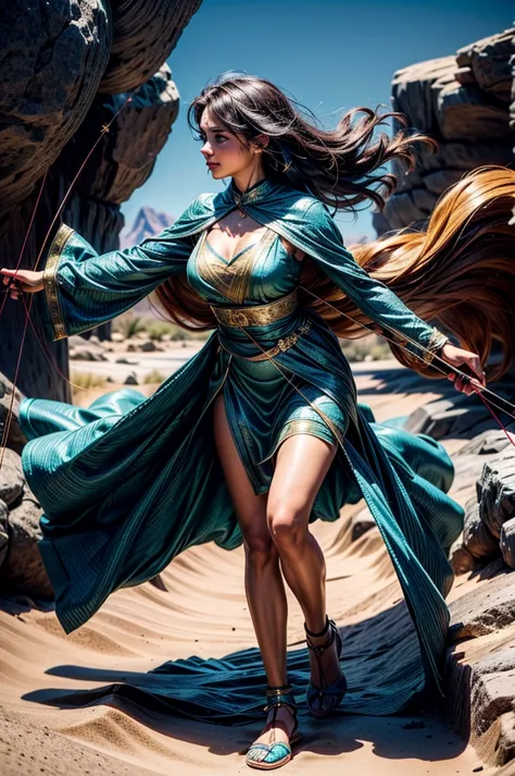 A female archer wielding a bow. She wears a gold dress with a blue and green gemstone. Desert background. Blush and black eyelin...