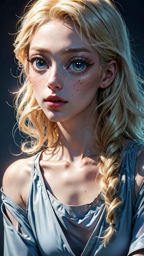 dynamic vision close-up of 1 albino woman with freckles, extremely thin and sensual, blonde hair ((curly)) slightly messy (over ...